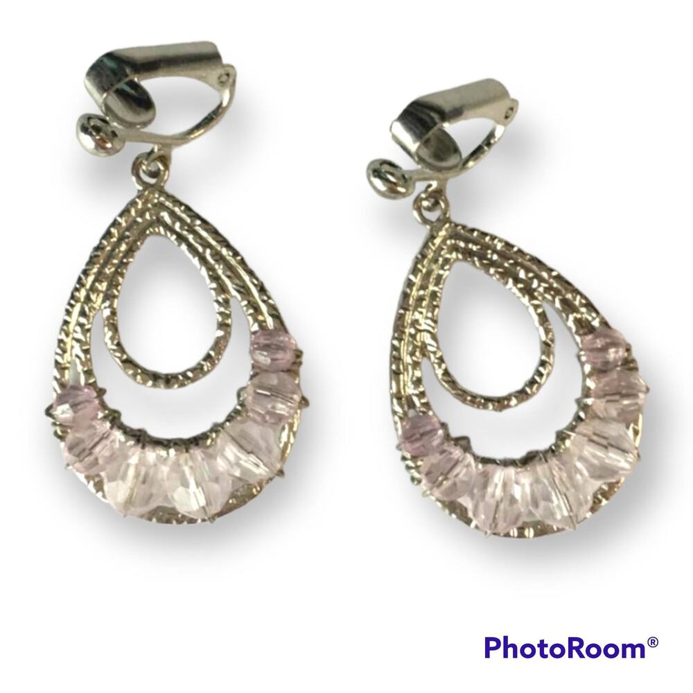 Pale lavender beaded silver tone clip on earrings